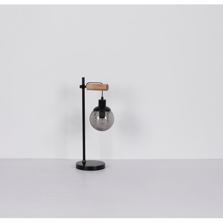 Stolová lampa, kov čierny matný, drevo prírodnej farby, sklo dymové, plastové krištále priehľadné, k 7