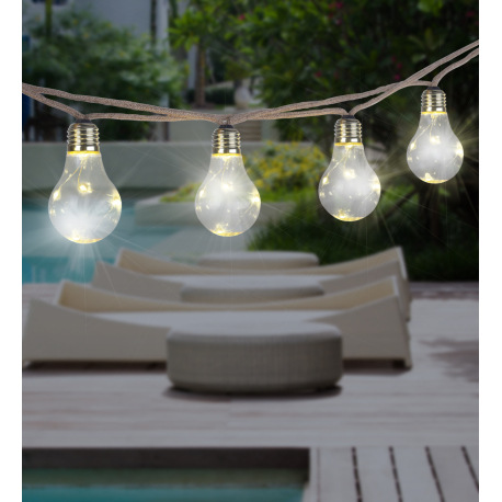 Solárne svietidlo, reťaz, plast jantár, konopné lano hnedé, 10 žiaroviek, dĺžka napájacieho vedenia 10