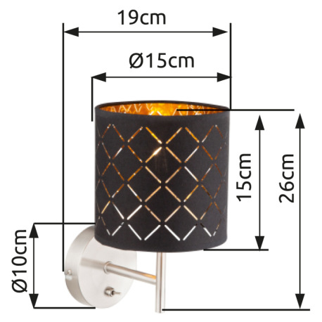 Nástenné svietidlo, kov nikel matný, textil čierny a zlatý, tienidlo s ozdobným dierovaním, vypínač, 6