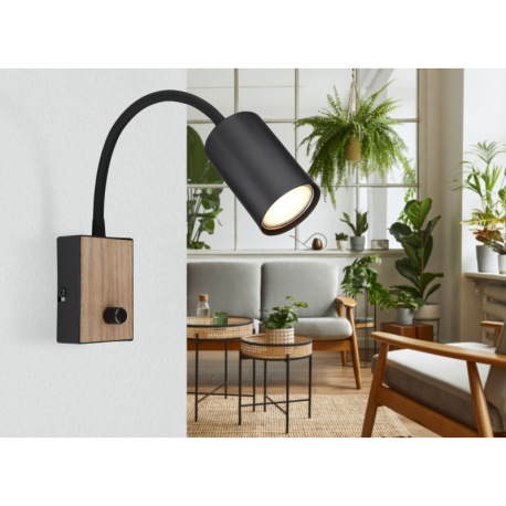 Nástenné svietidlo kov čierny matný, MDF, imitácia tmavého dreva, kábel PVC čierny, kolískový vypína 4